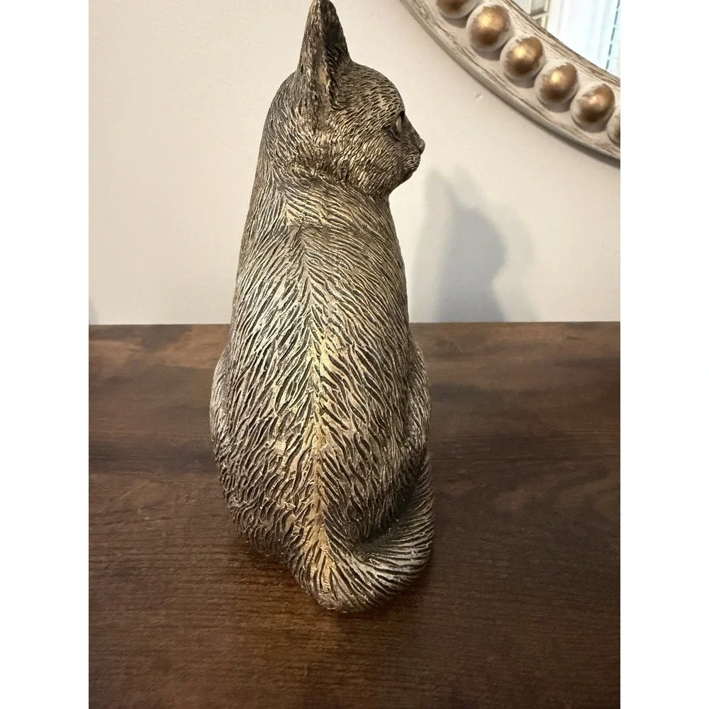 Vintage Style Gold Bronze Cat Figurine Sitting Kitty Statue Home Decor 6in